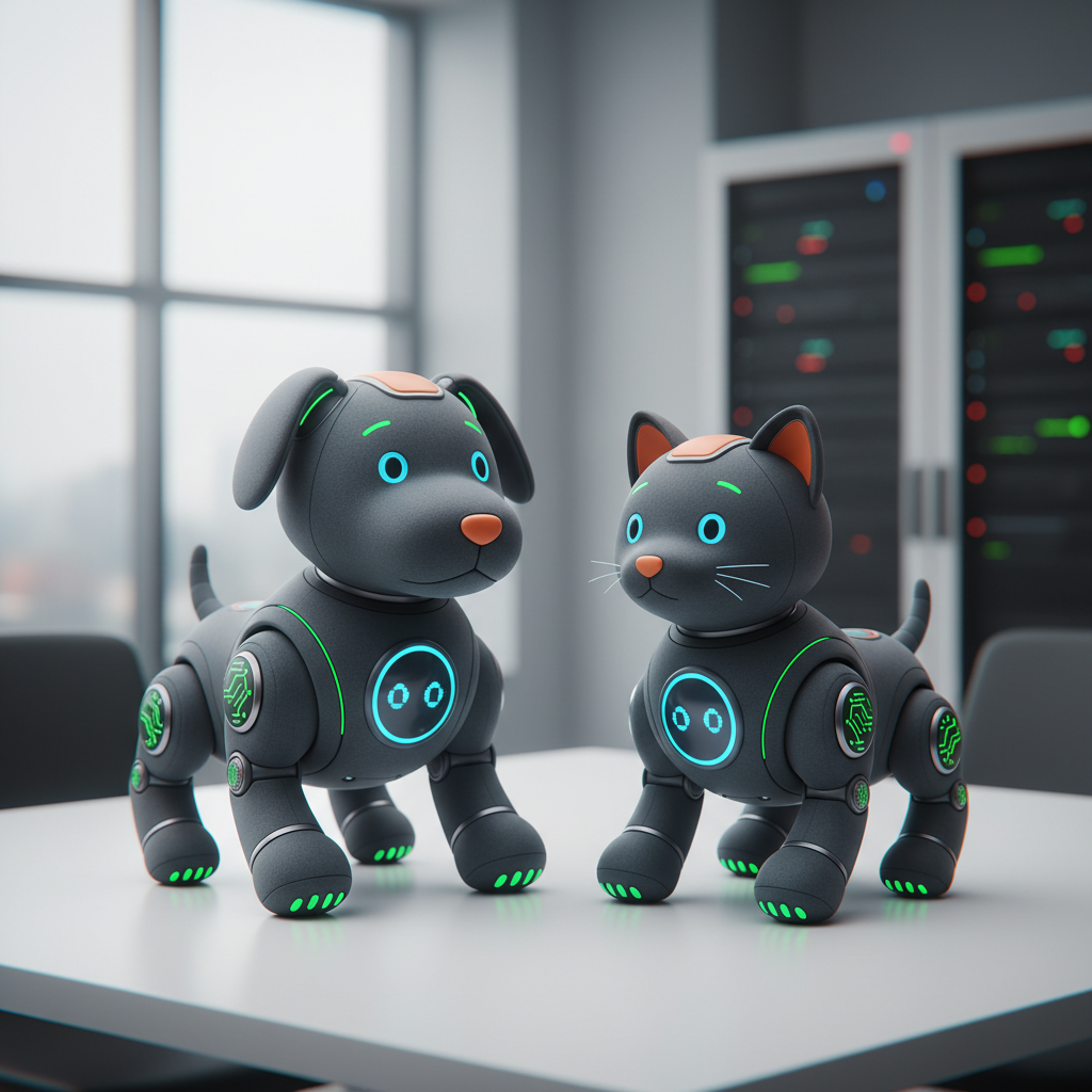 Mascota robótica con IA futurista, peluche inteligente con tecnología integrada