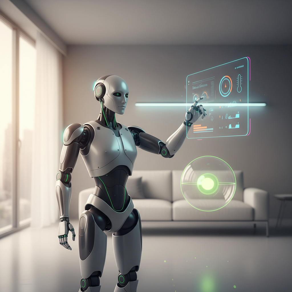 Robot humanoide interactuando en un entorno doméstico inteligente impulsado por OpenClaw