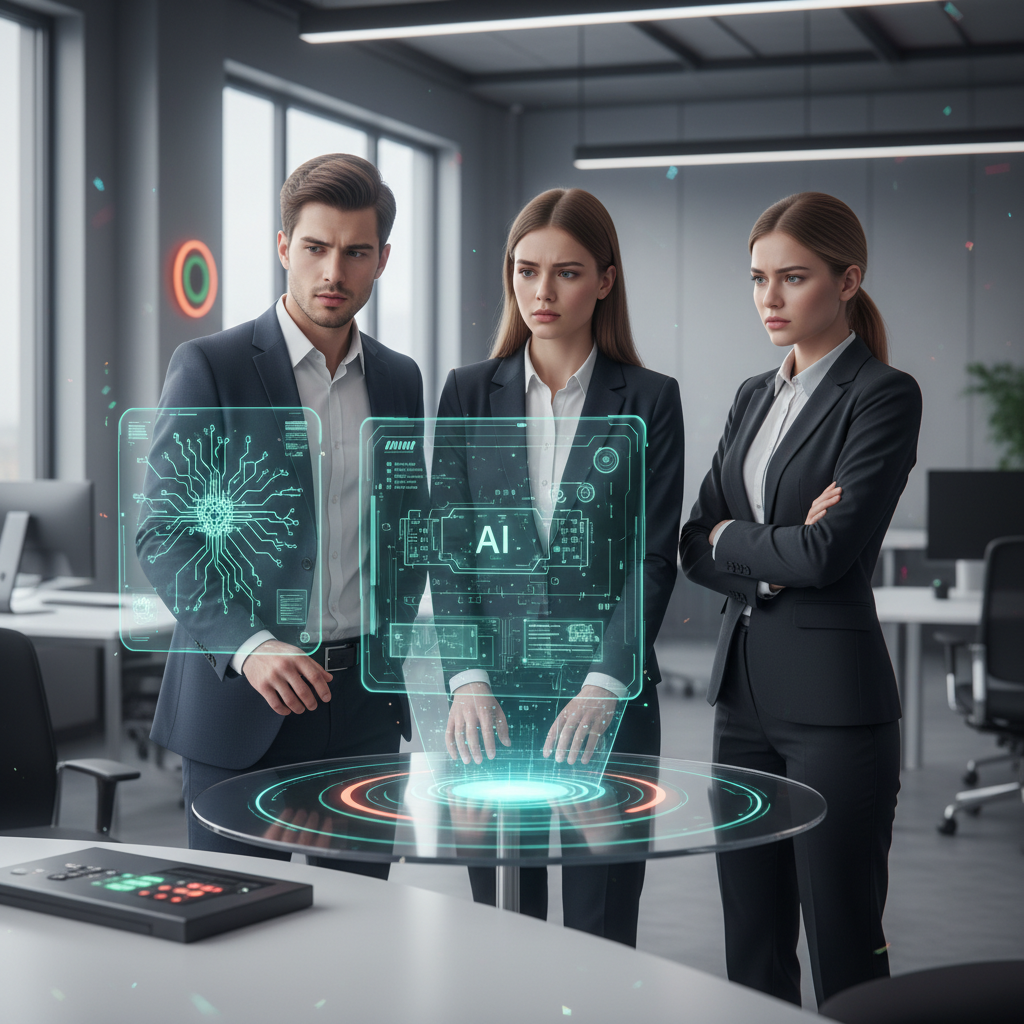 Jóvenes profesionales mostrando resistencia hacia la inteligencia artificial en un entorno corporativo